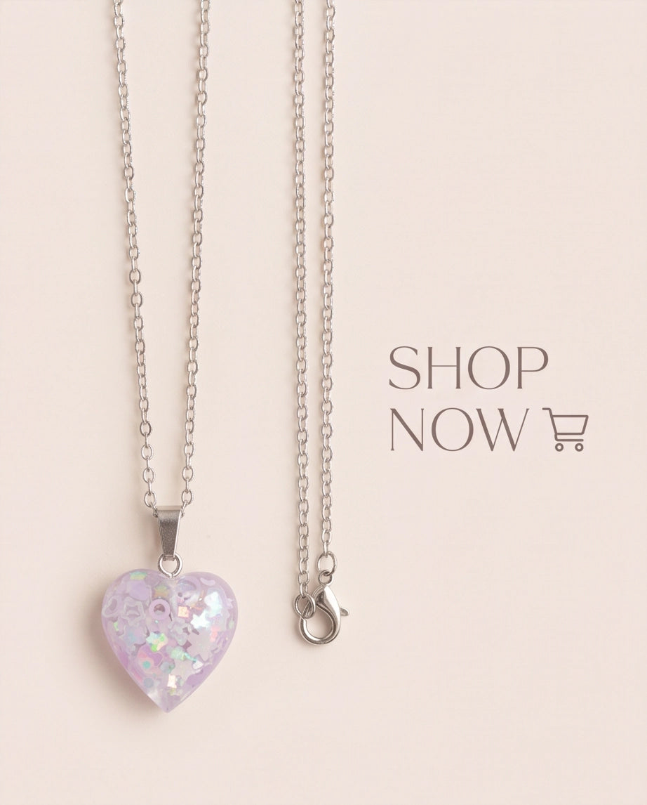Silver Lavender Glitter Heart Resin Pendant Necklace