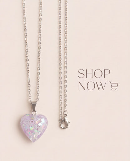 Silver Lavender Glitter Heart Resin Pendant Necklace