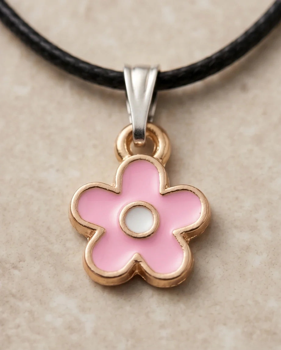 Dainty Pink Five-Petal Flower Enamel Pendant Necklace