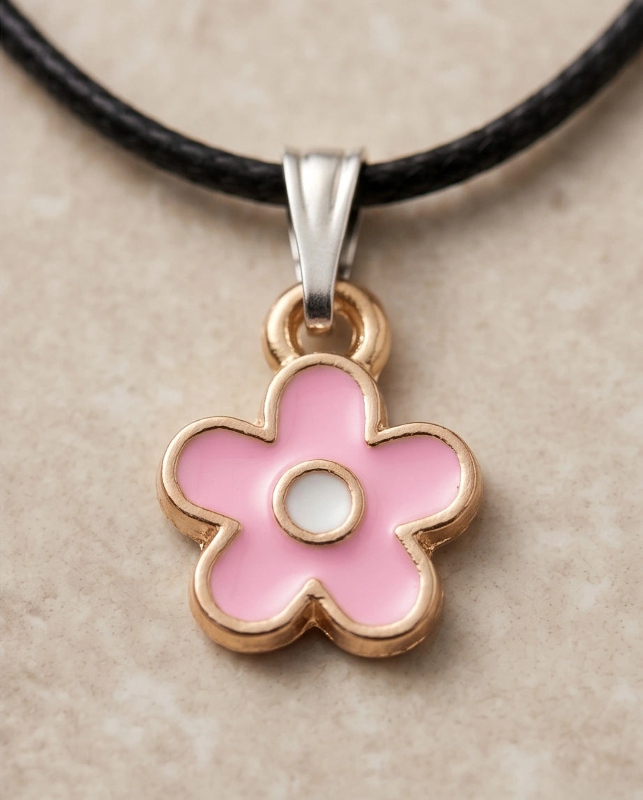 Dainty Pink Five-Petal Flower Enamel Pendant Necklace