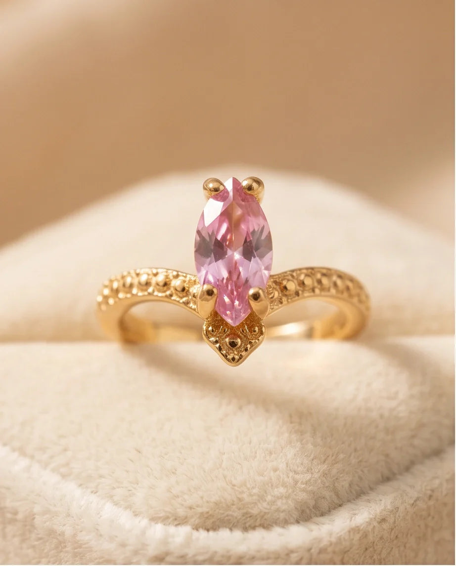 Vintage Gold Marquise Pink Tourmaline Milgrain Ring
