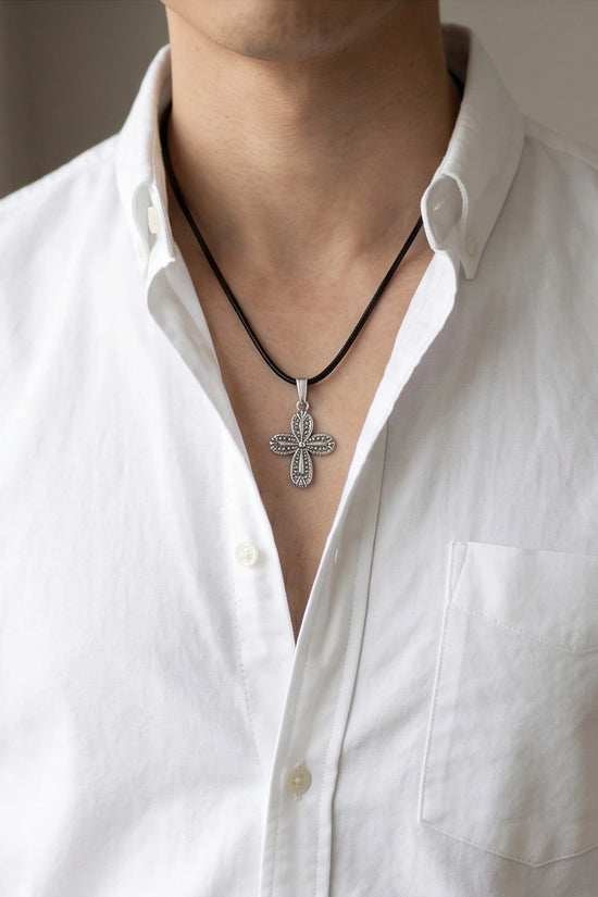 Silver Textured Petal Cross Necklace