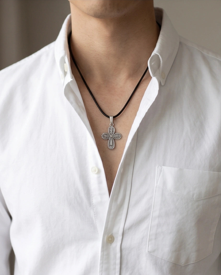 Silver Textured Petal Cross Necklace