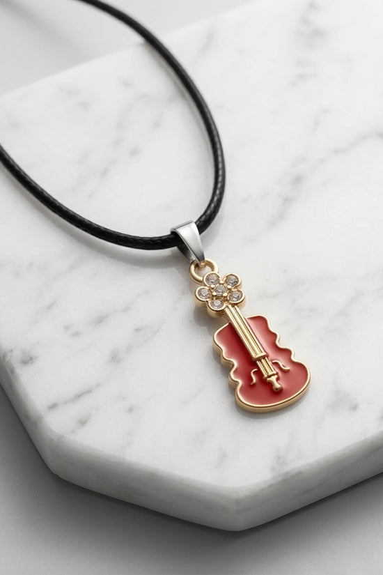Gold and Red Enamel Violin Necklace