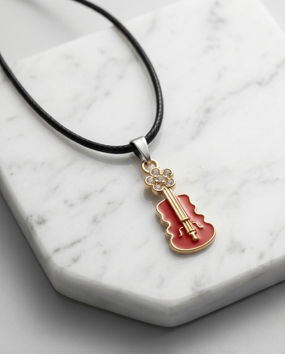 Gold and Red Enamel Violin Necklace