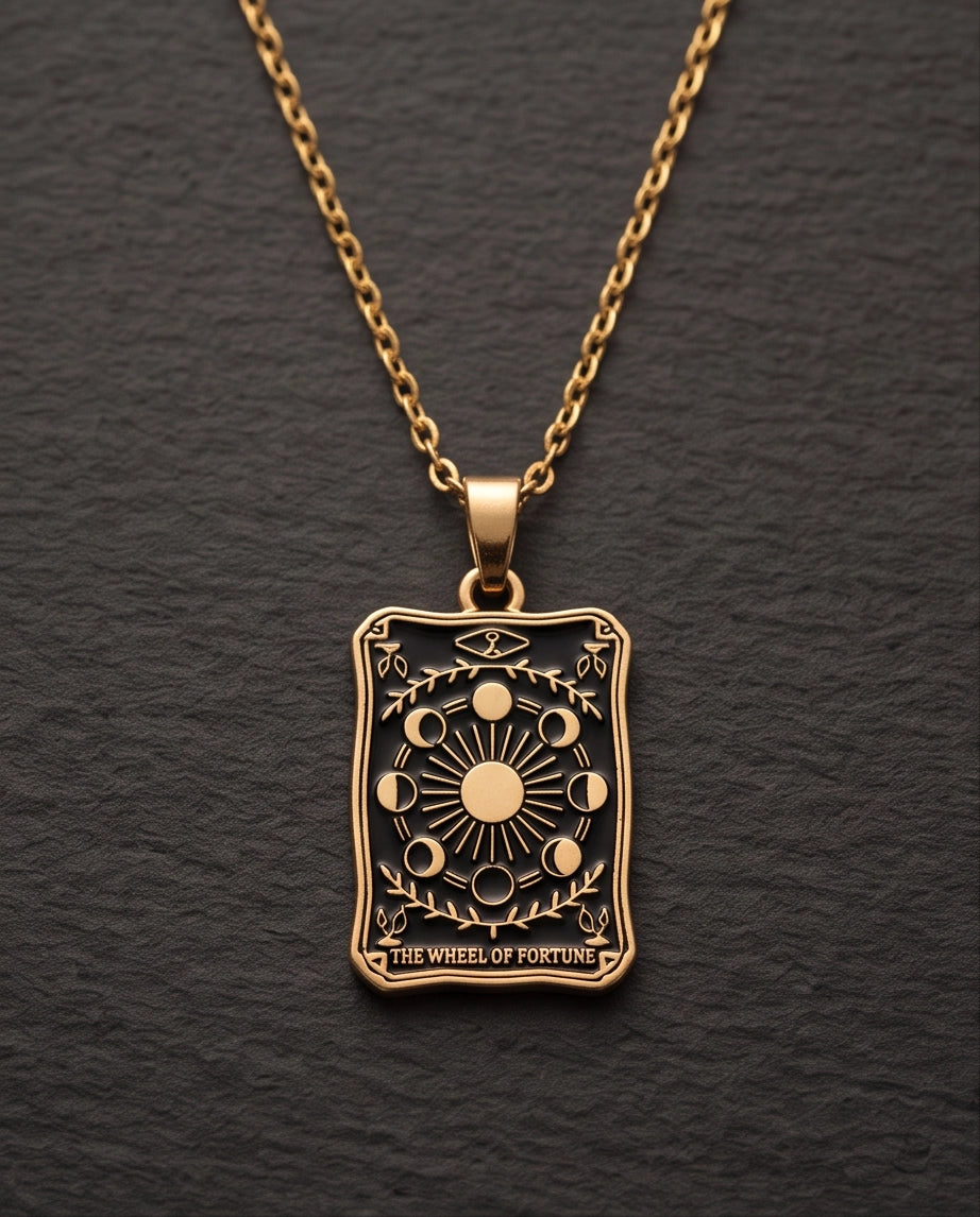 Gold "The Wheel of Fortune" Tarot Card Pendant Necklace
