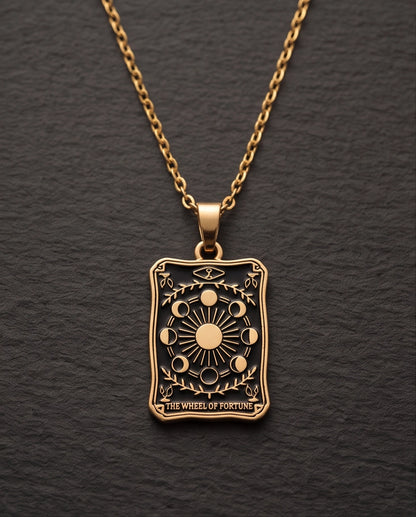 Gold "The Wheel of Fortune" Tarot Card Pendant Necklace