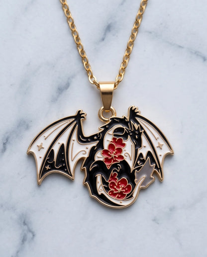 Gold Floral Dragon Black & White Enamel Pendant Necklace