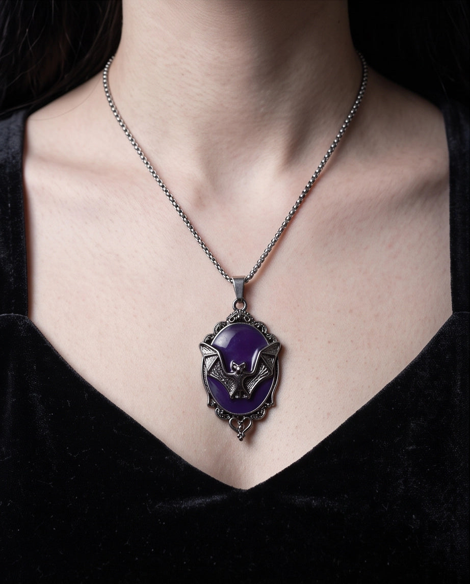 Antique Silver Gothic Bat Purple Enamel Medallion Chain Necklace