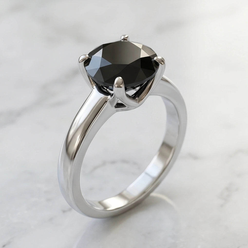 Sterling Silver Round-Cut High Crown Black Solitaire Ring