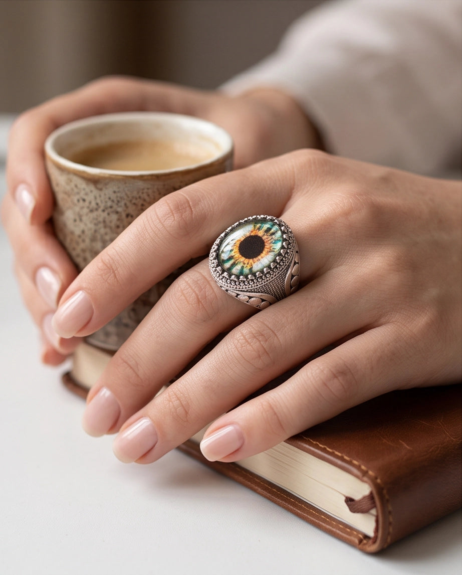 Hazel Ocular Beaded Medallion Silver Ring