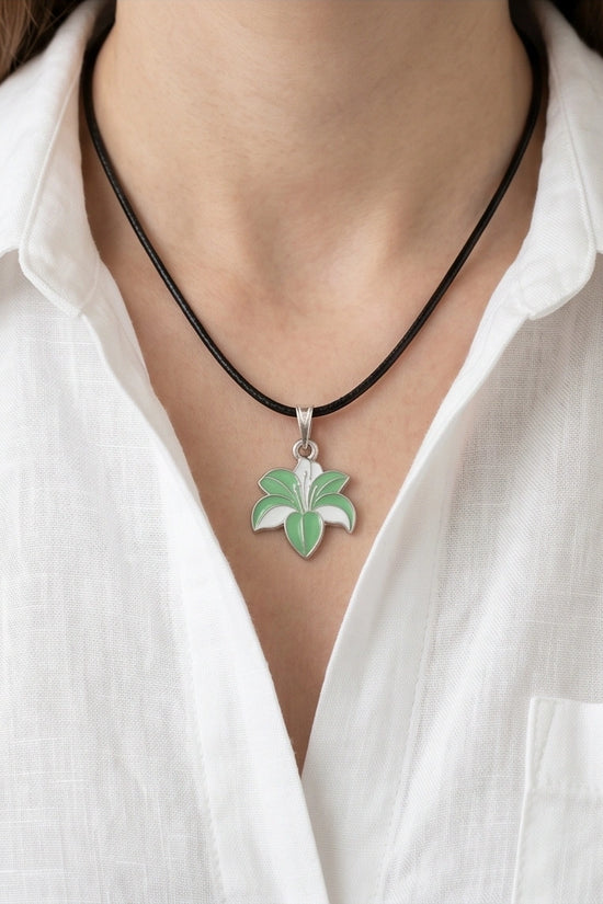 Elegant Green and White Lily Enamel Pendant Necklace