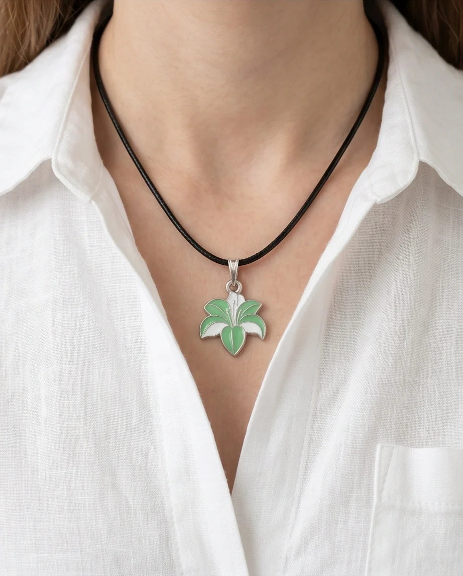 Elegant Green and White Lily Enamel Pendant Necklace