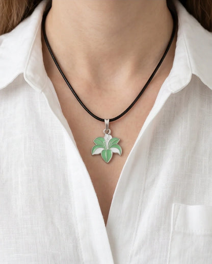 Elegant Green and White Lily Enamel Pendant Necklace