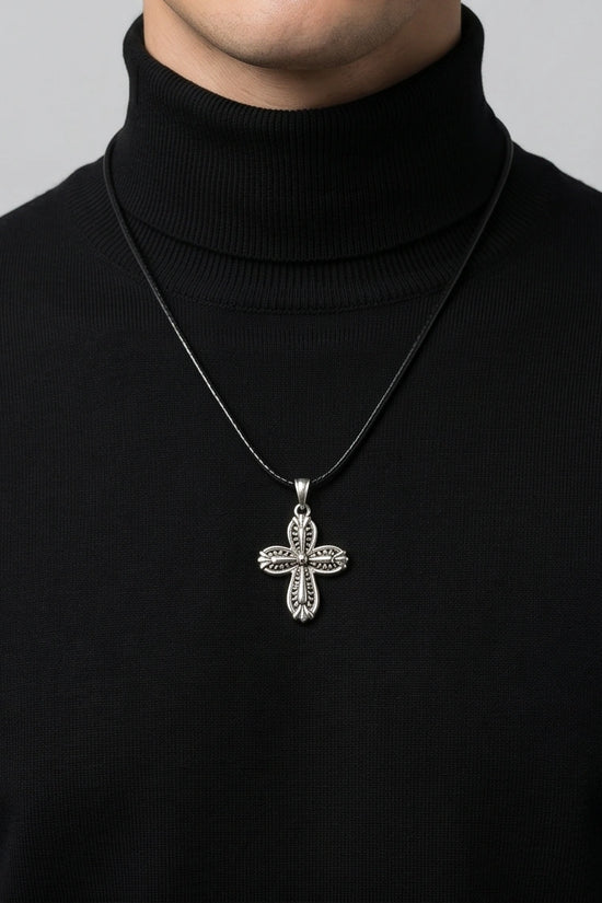 Silver Textured Petal Cross Necklace