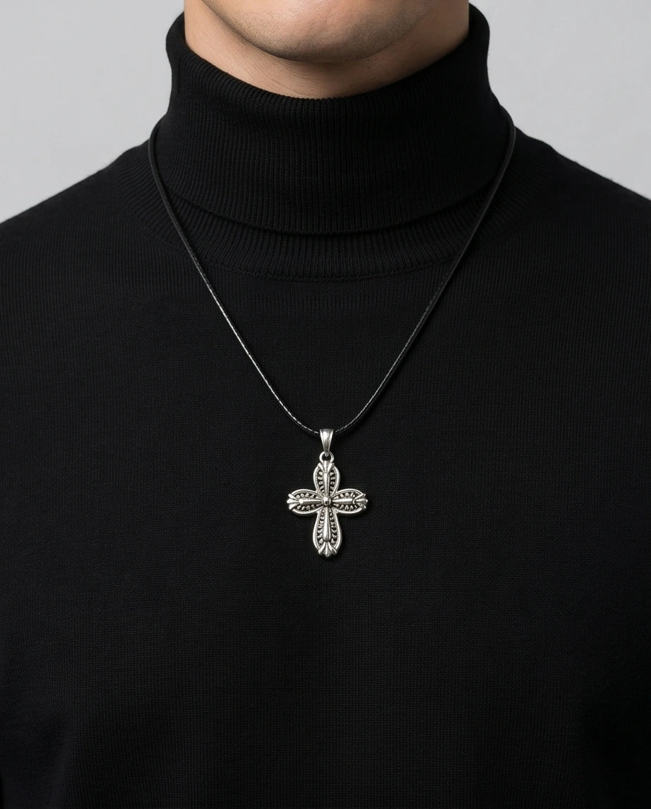 Silver Textured Petal Cross Necklace