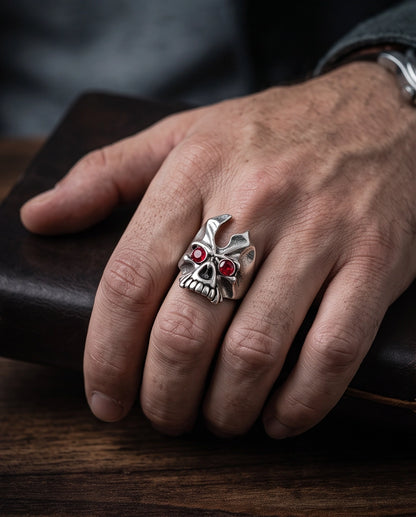 Ruby-Eyed Gothic Horned Skull Silver Ring