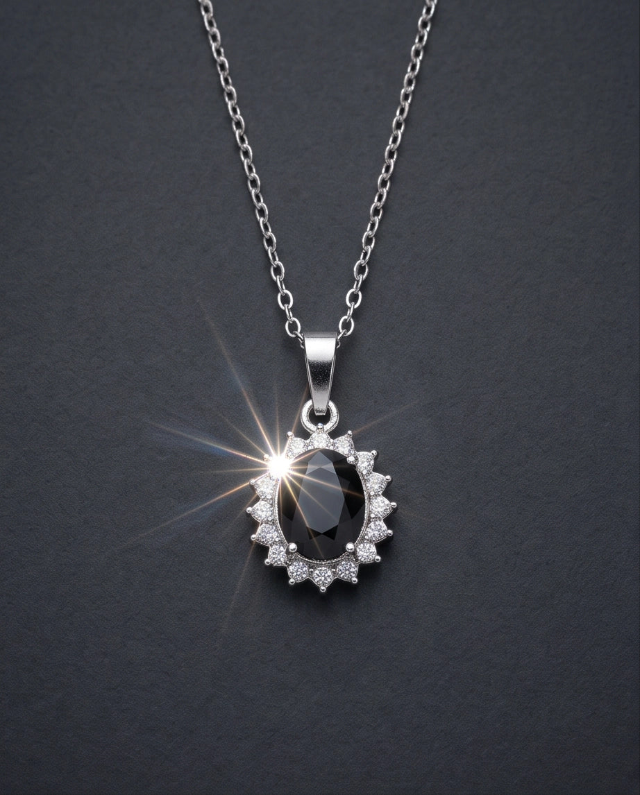 Silver Black Gem Oval Halo Medallion Pendant Necklace