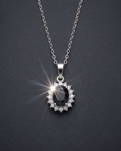 Silver Black Gem Oval Halo Medallion Pendant Necklace