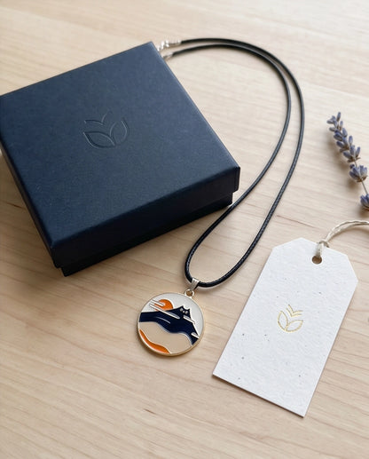 Japanese Mountain & Cat Enamel Pendant Necklace