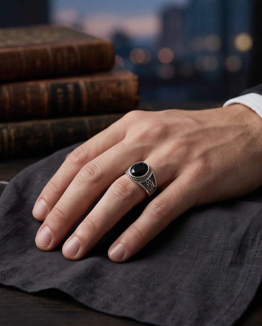 Onyx-Style Faceted Oval Rope-Trim Kanji Character Silver Ring