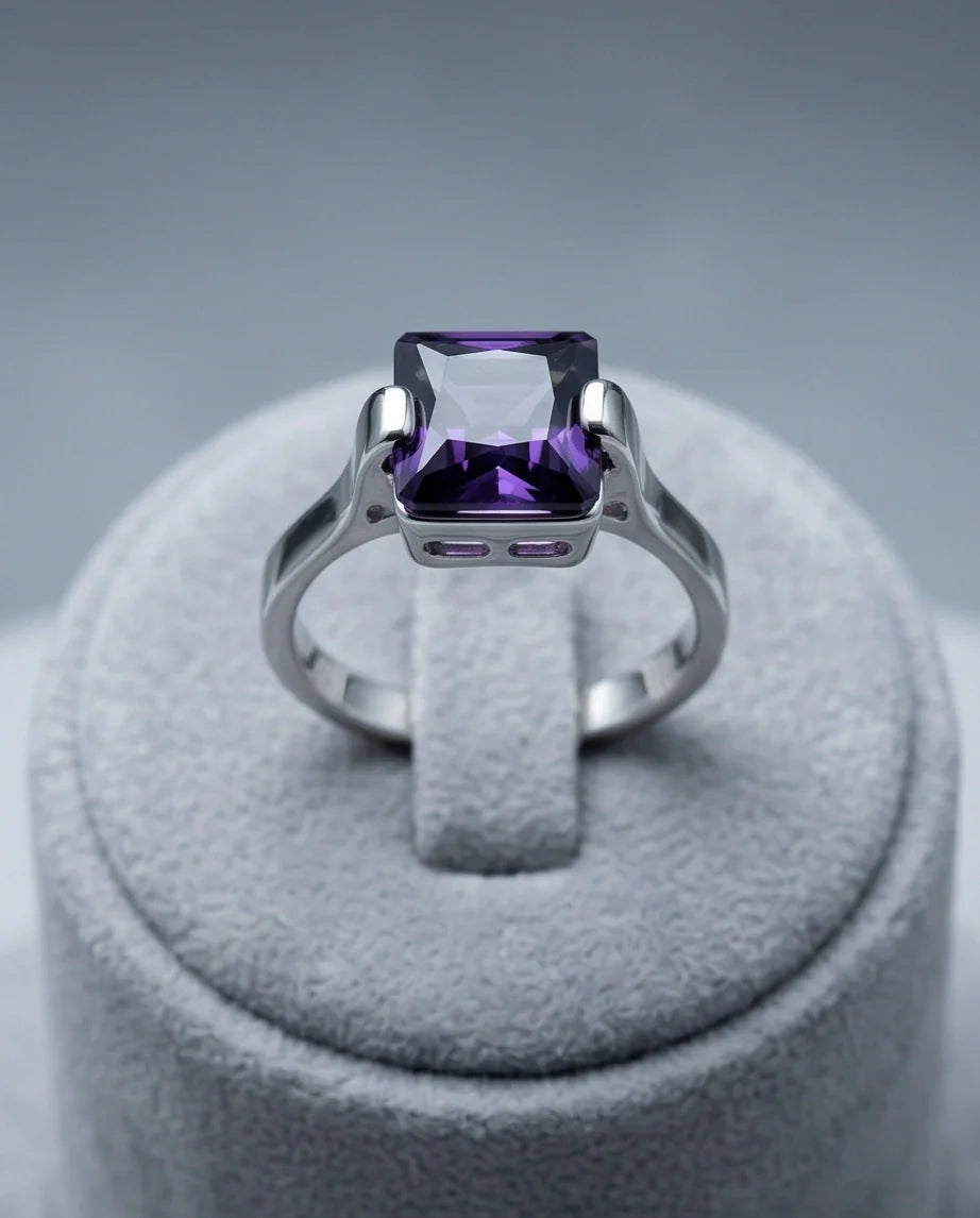 Sterling Silver Deep Amethyst Princess Cut Solitaire Ring
