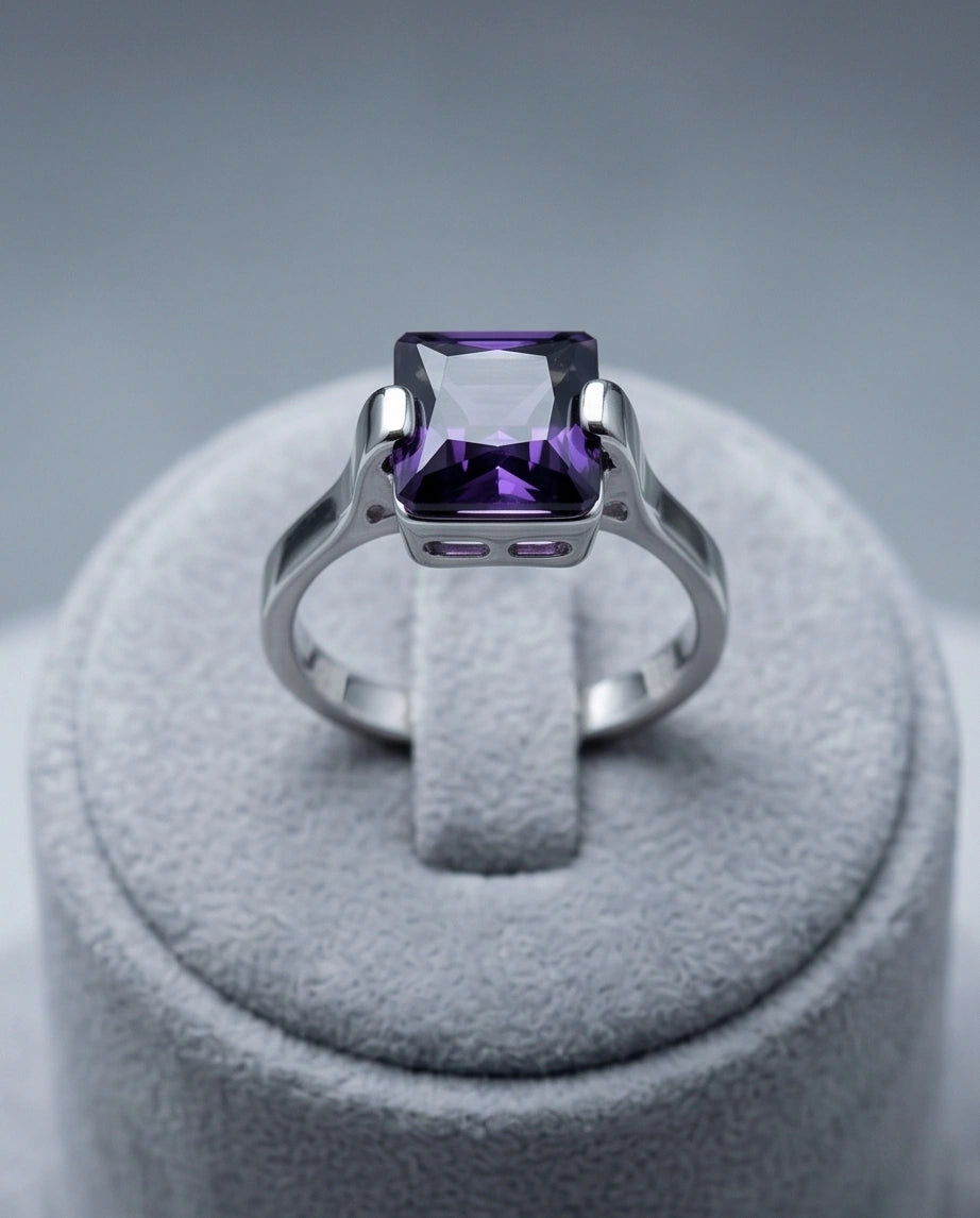 Sterling Silver Deep Amethyst Princess Cut Solitaire Ring