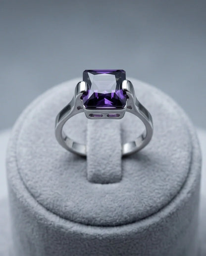 Sterling Silver Deep Amethyst Princess Cut Solitaire Ring