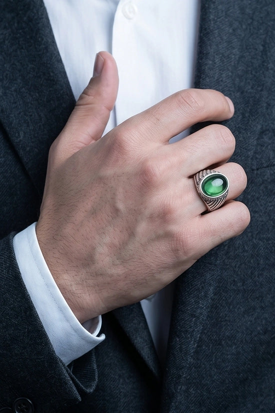 Vintage Sterling Silver Oval Emerald Cabochon Ring