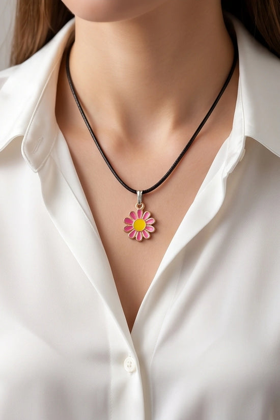 Pink Daisy Flower Enamel Pendant Choker Necklace