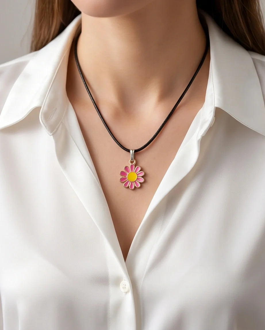 Pink Daisy Flower Enamel Pendant Choker Necklace
