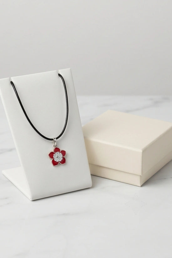 Vibrant Red and White Layered Floral Enamel Pendant Necklace