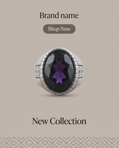 Amethyst Gemstone Notched Bezel Geometric Diamond Silver Ring