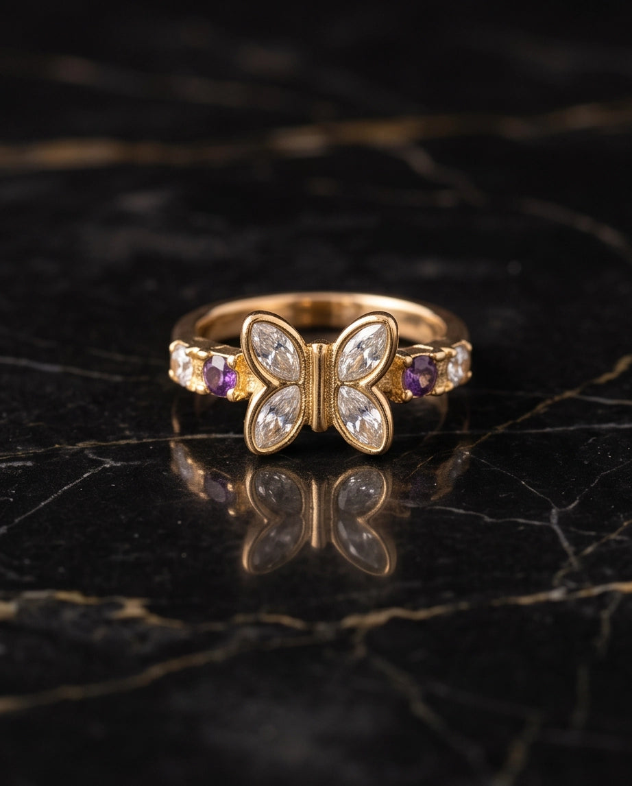 Gold Butterfly Gemstone Band Ring