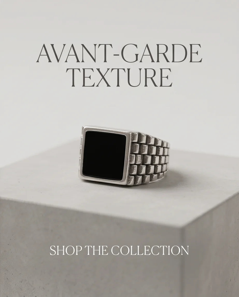 Onyx-Style Square Inlay Brick-Link Band Silver Ring