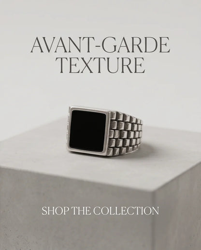 Onyx-Style Square Inlay Brick-Link Band Silver Ring