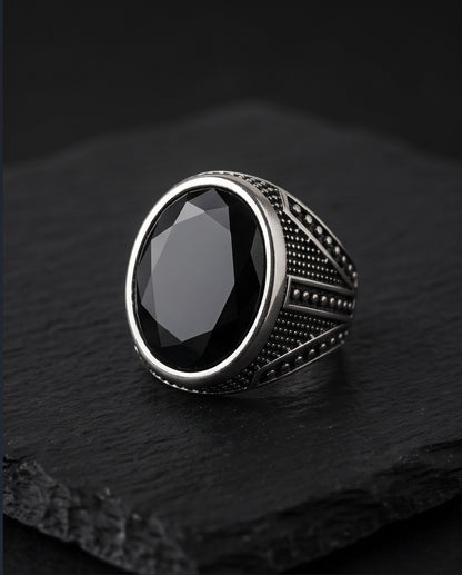 Onyx Gemstone Smooth Bezel Chevron Stippled Silver Ring