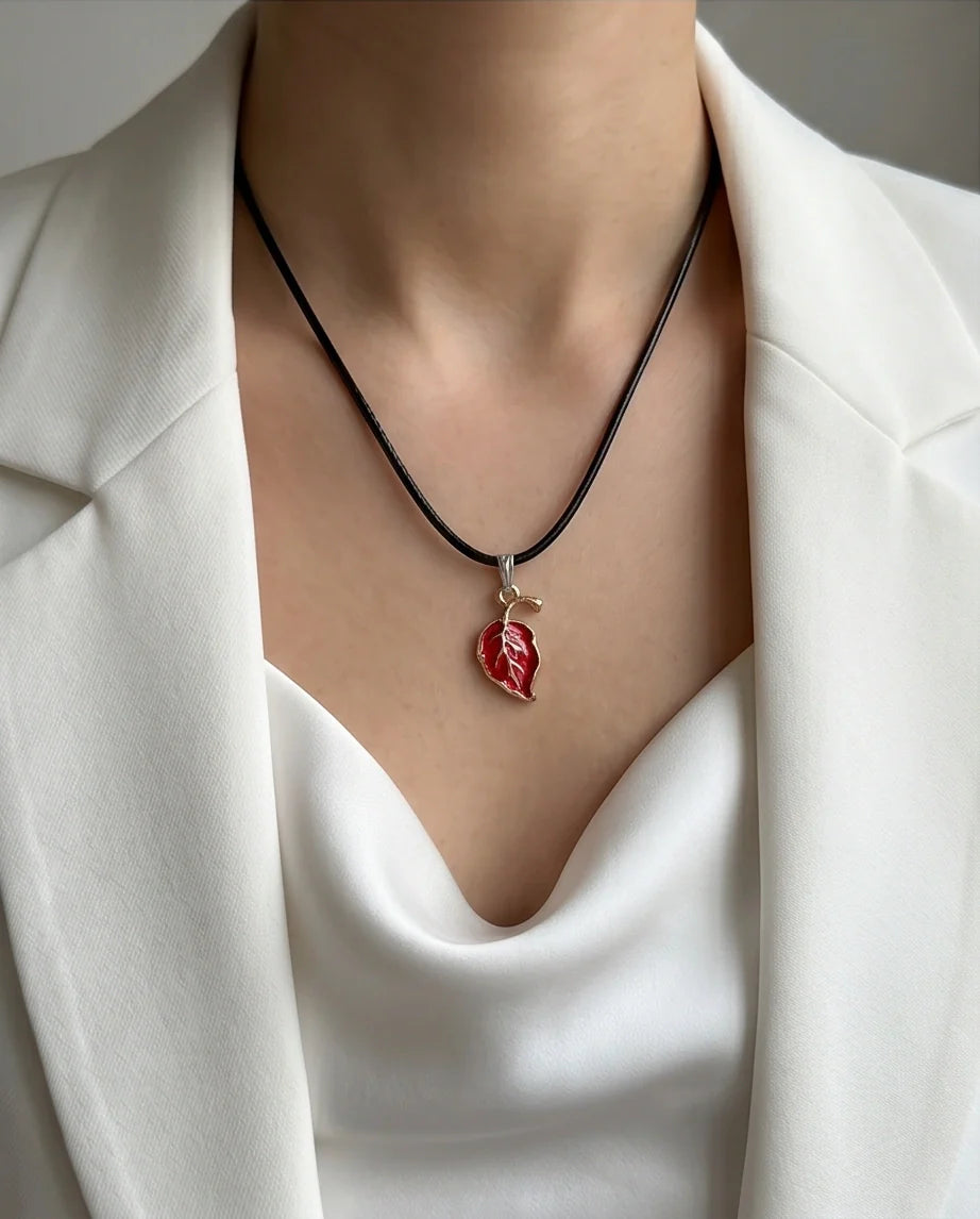 Gold and Red Leaf Pendant Necklace