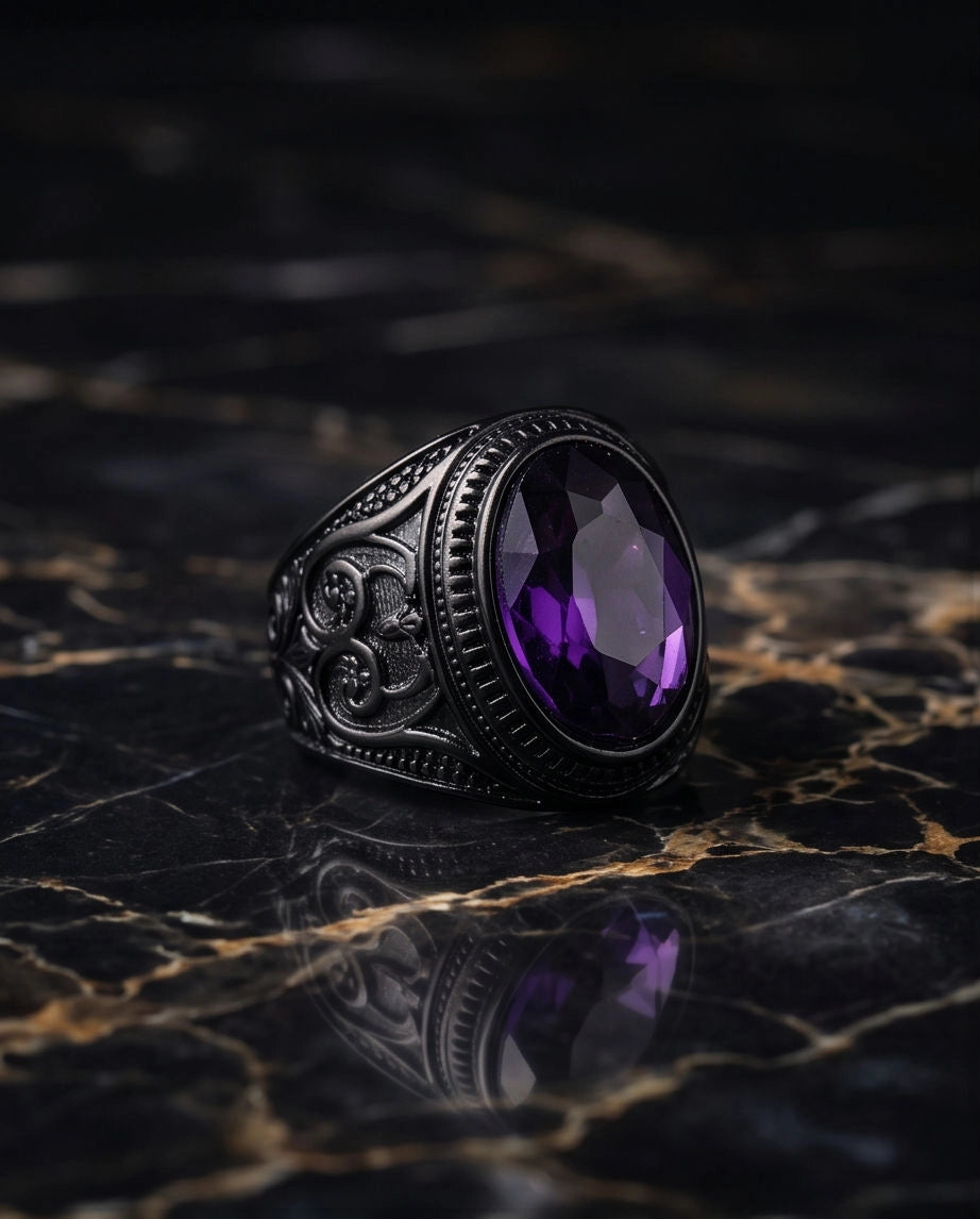 Matte Black Oval Amethyst Scroll Signet Ring