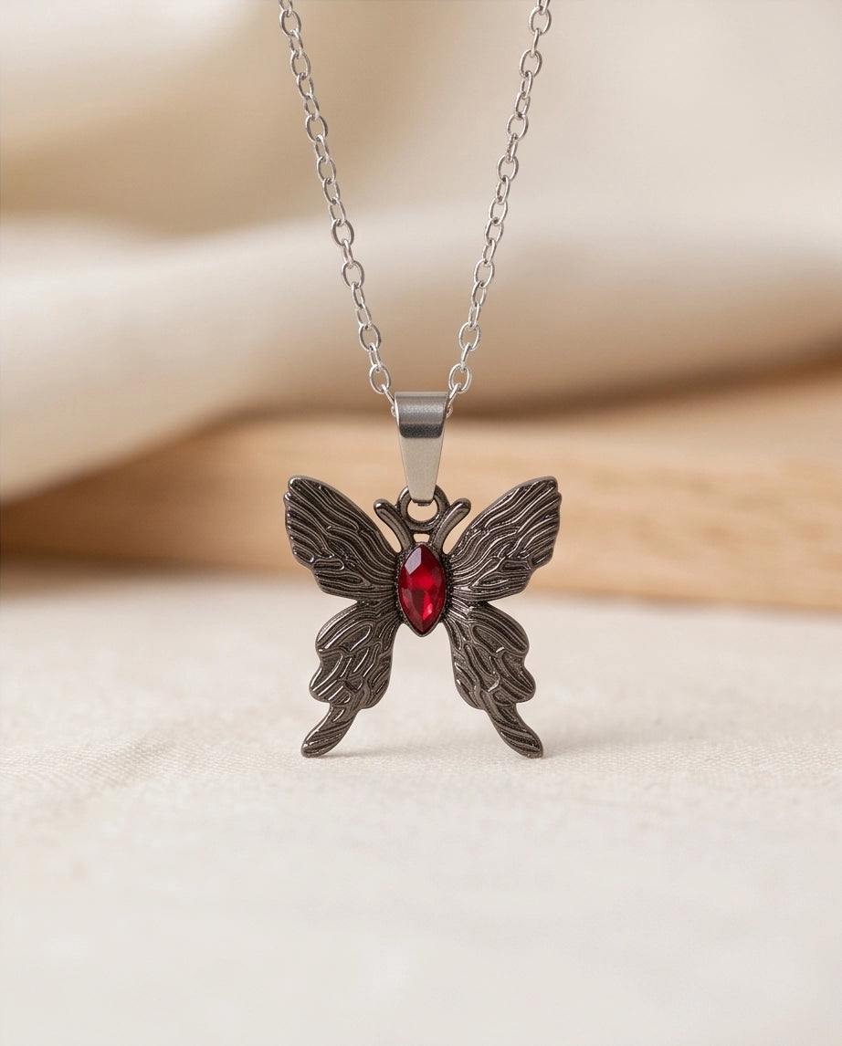 Black Textured Butterfly Red Gem Pendant Necklace