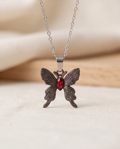 Black Textured Butterfly Red Gem Pendant Necklace