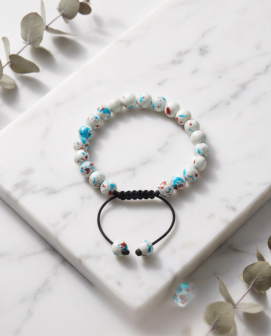 Splatter Paint White Ceramic Beaded Adjustable Macrame Bracelet