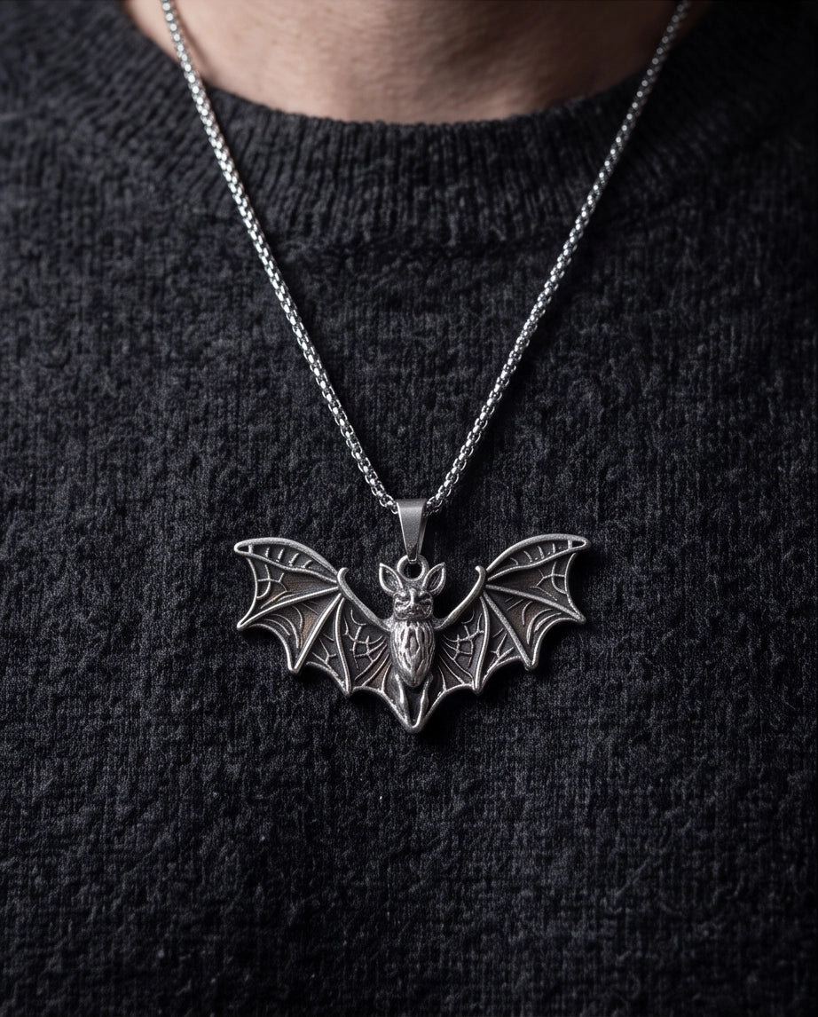 Silver Oxidized Flying Bat Pendant Necklace