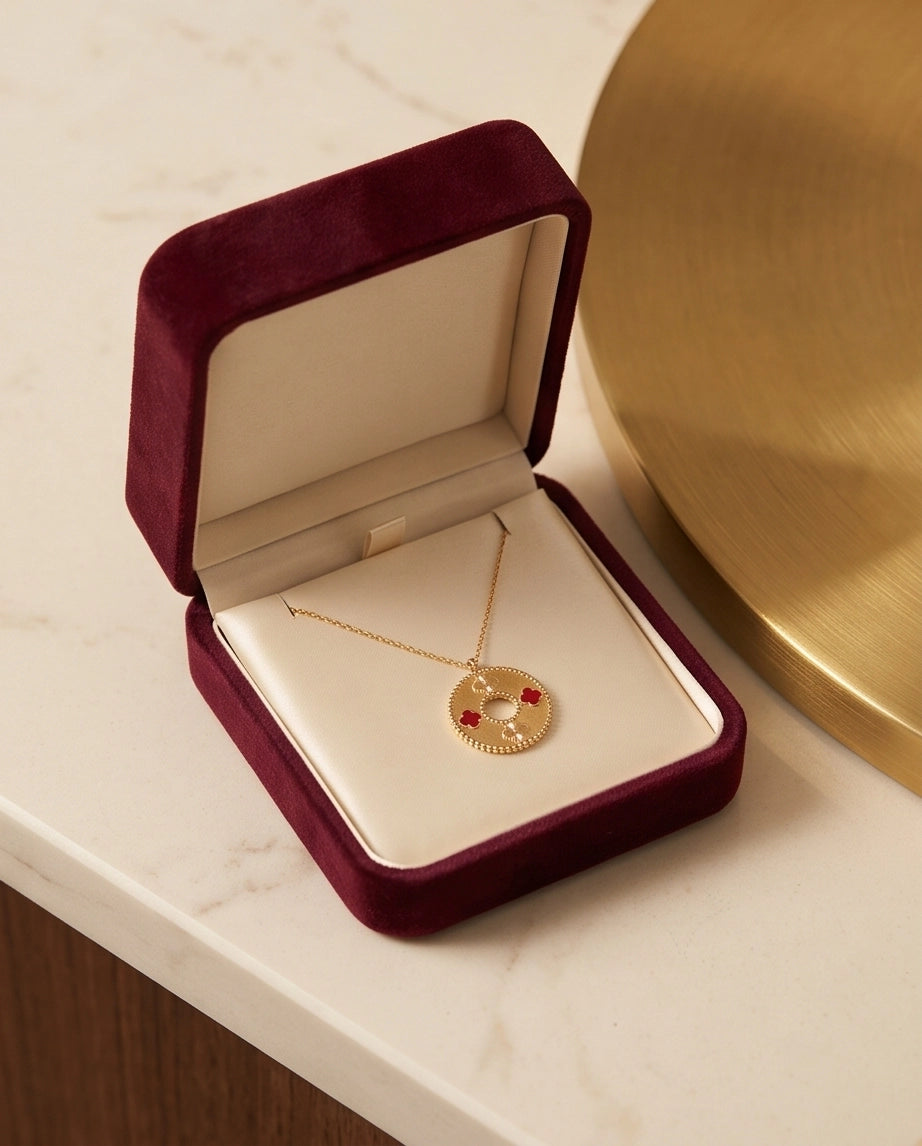 Gold Red Clover Medallion Necklace