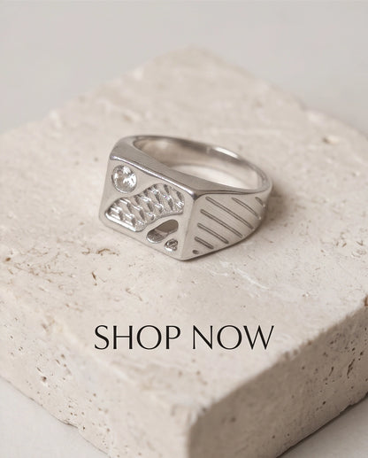 Abstract Textured Multi-Inlay Asymmetrical Signet Silver Ring
