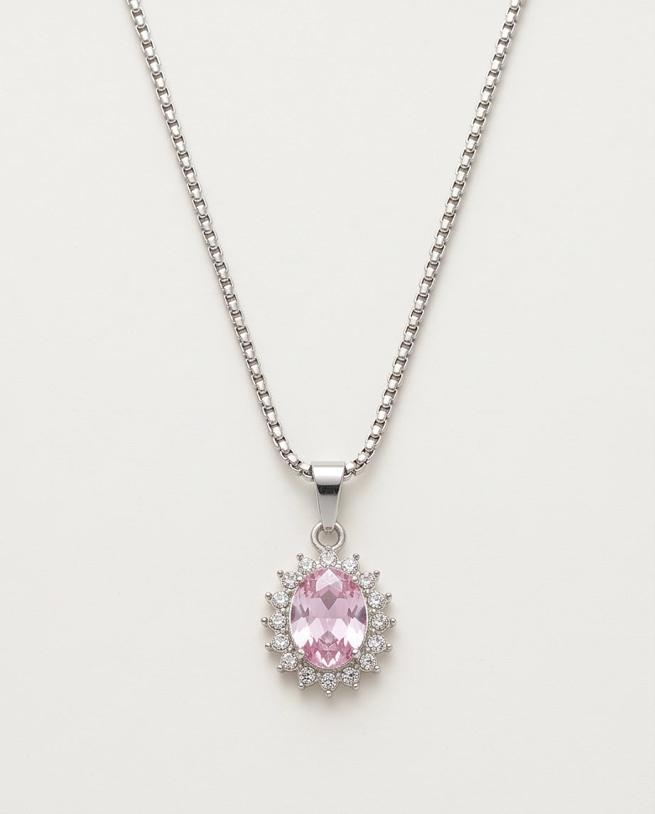 Silver Pink Crystal Oval Halo Medallion Pendant Necklace