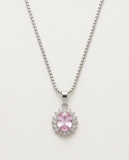Silver Pink Crystal Oval Halo Medallion Pendant Necklace