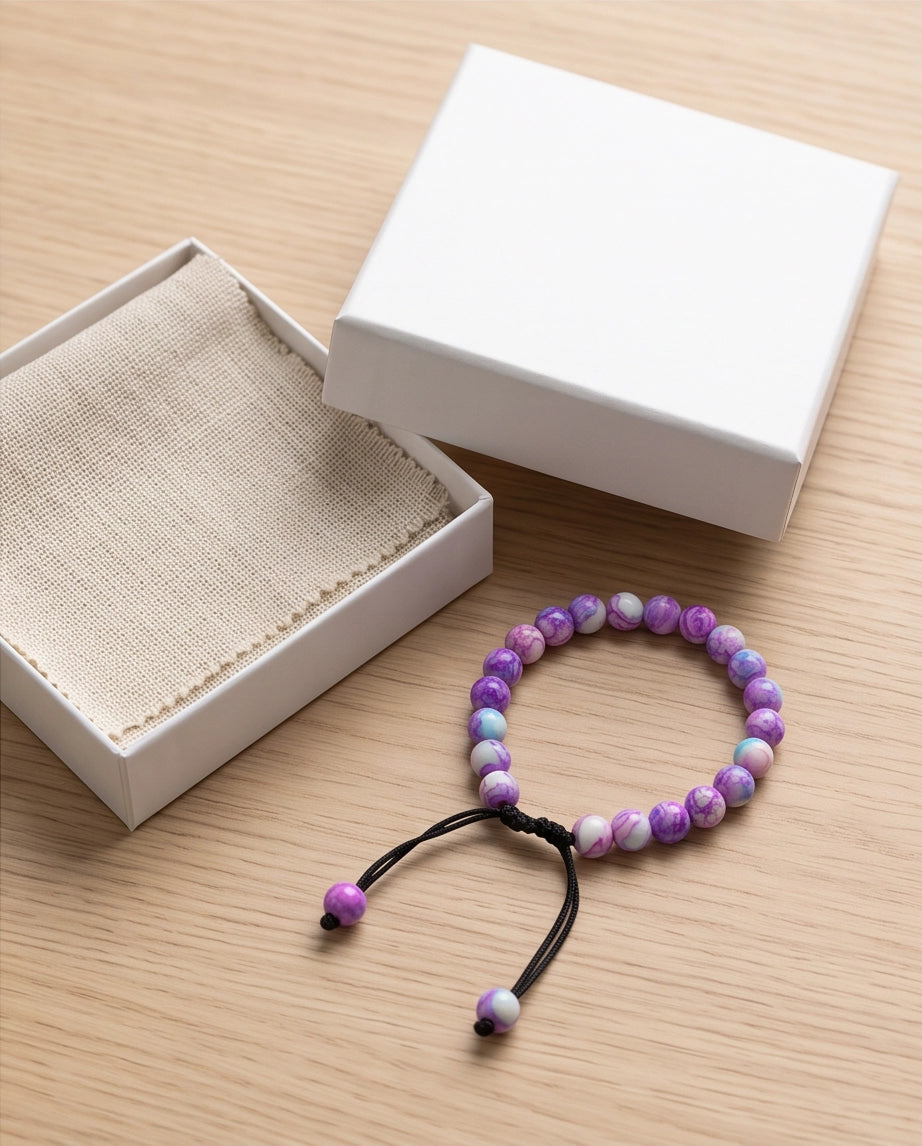 Purple & Teal Marbled Swirl Beaded Adjustable Macrame Bracelet