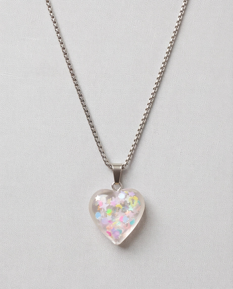 Silver Iridescent Confetti Clear Heart Resin Pendant Necklace