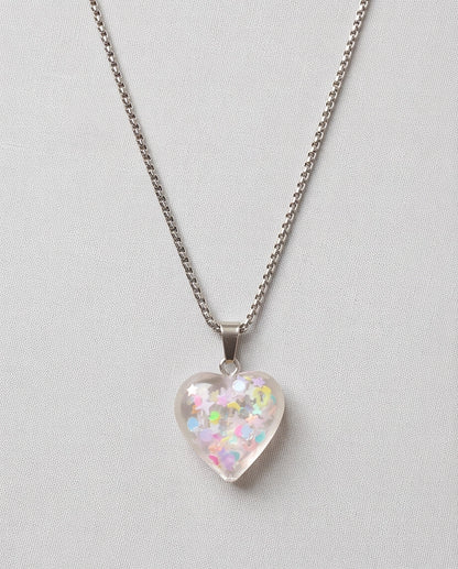 Silver Iridescent Confetti Clear Heart Resin Pendant Necklace